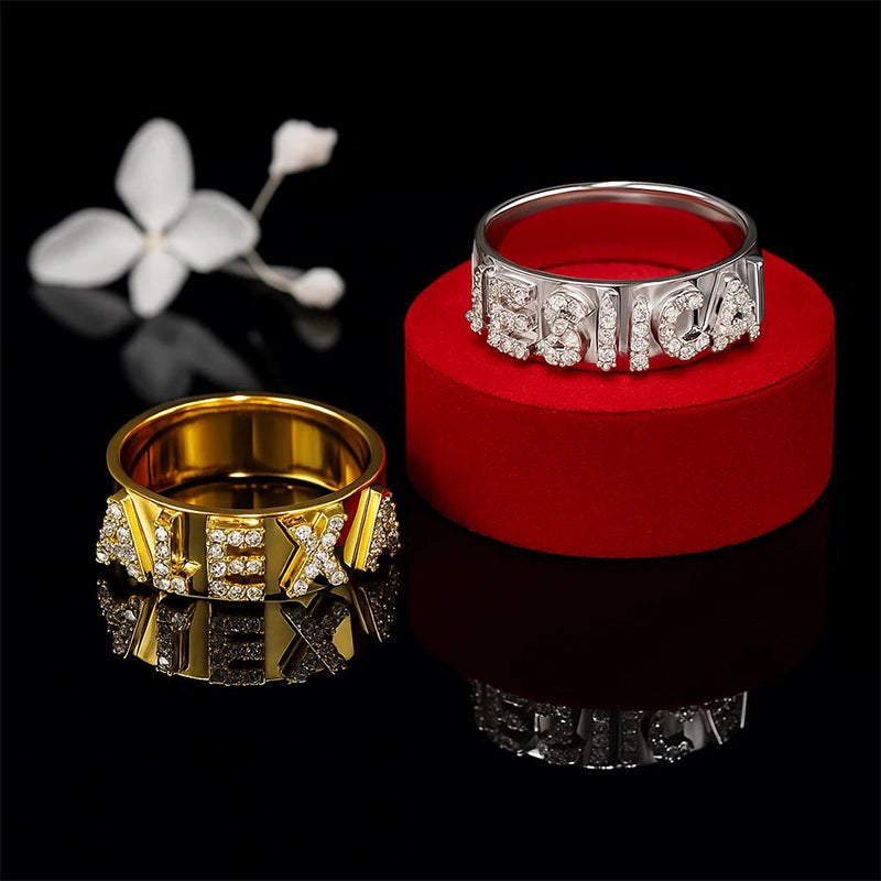 Custom Name Ring | Sterling Silver Block Letter Ring with Zirconia | Personalized Gold Initial Promise Ring for Her