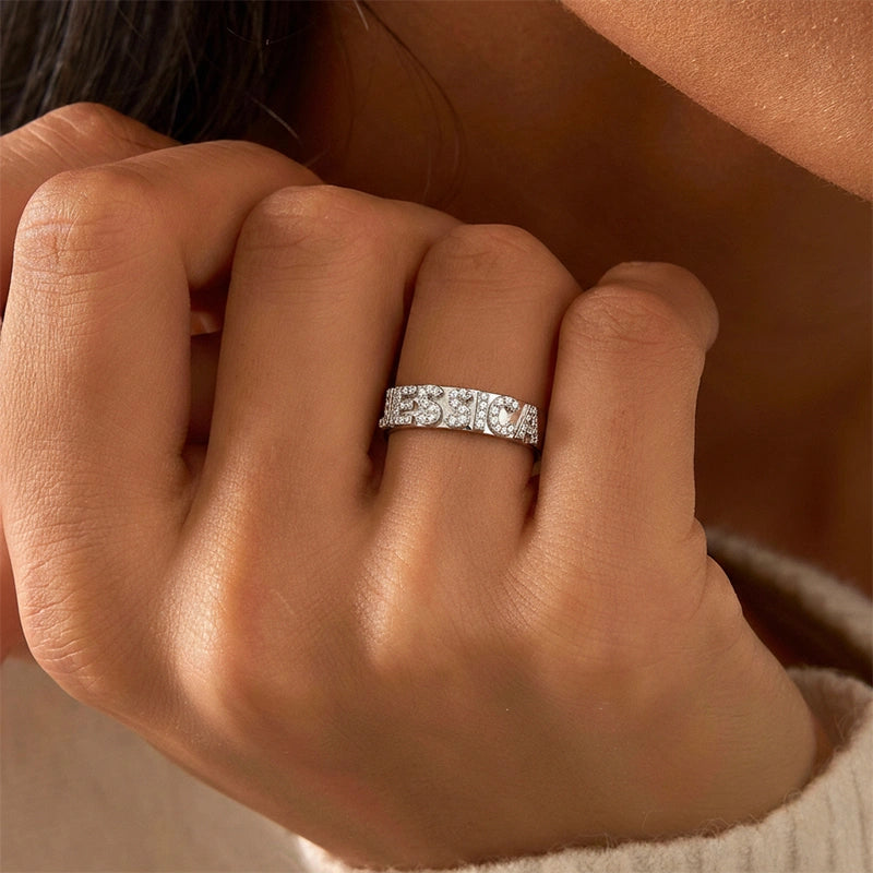 Custom Name Ring | Sterling Silver Block Letter Ring with Zirconia | Personalized Gold Initial Promise Ring for Her