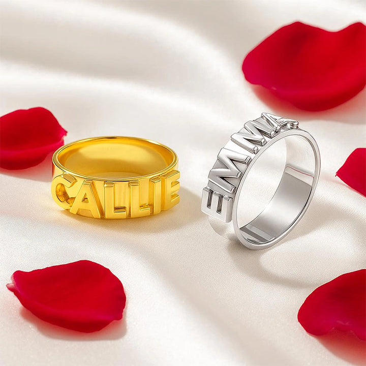 Custom Name Ring | Sterling Silver Block Letter Ring with Zirconia | Personalized Gold Initial Promise Ring for Her