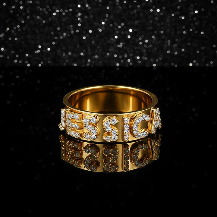 Custom Name Ring | Sterling Silver Block Letter Ring with Zirconia | Personalized Gold Initial Promise Ring for Her