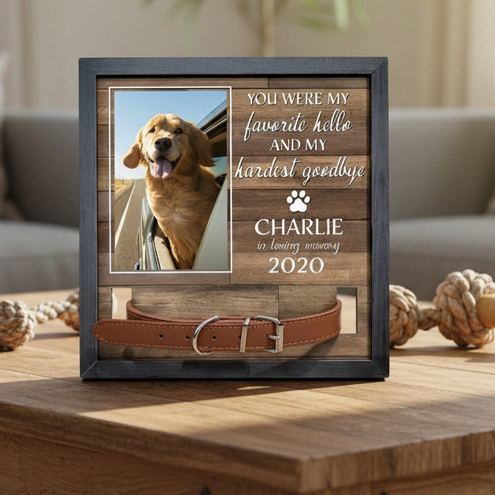 Custom Pet Memorial Photo Frame with Collar Holder – Personalized Dog & Cat Loss Gift | “My Hardest Goodbye” Sign