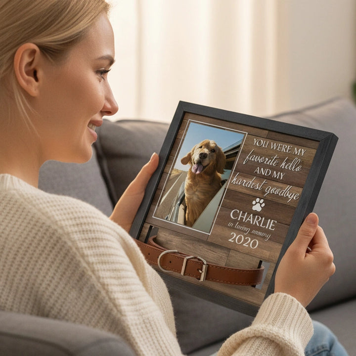 Custom Pet Memorial Photo Frame with Collar Holder – Personalized Dog & Cat Loss Gift | “My Hardest Goodbye” Sign