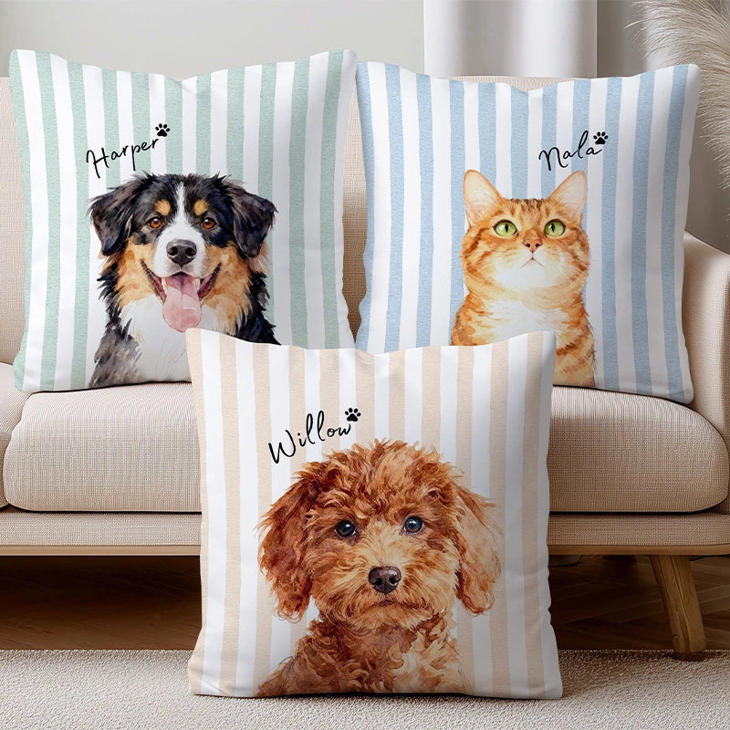 Custom Striped Pet Photo Pillow – Personalized Dog & Cat Cushion with Name