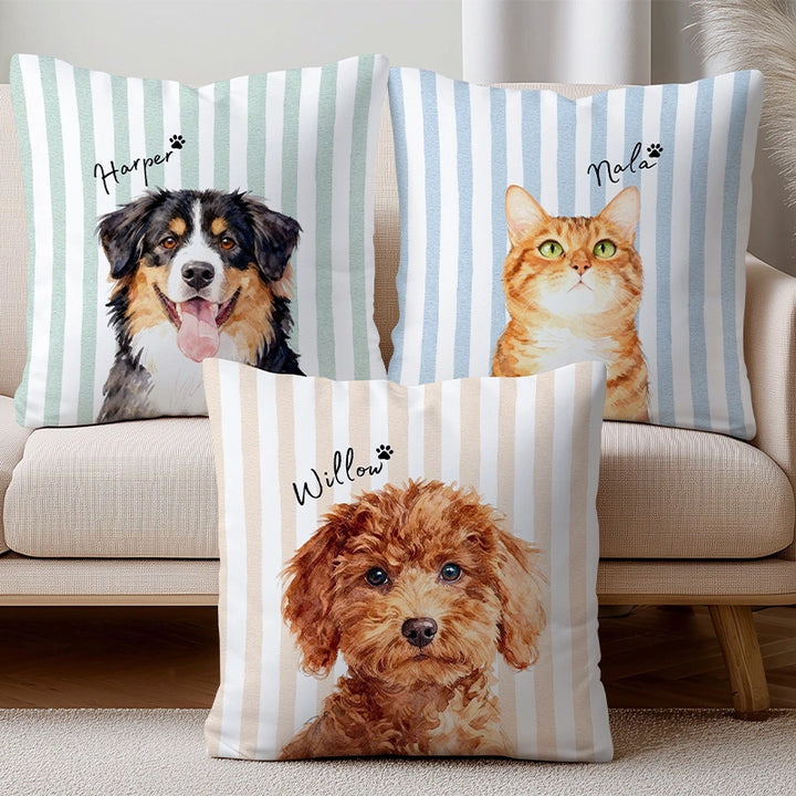 Custom Striped Pet Photo Pillow – Personalized Dog & Cat Cushion with Name