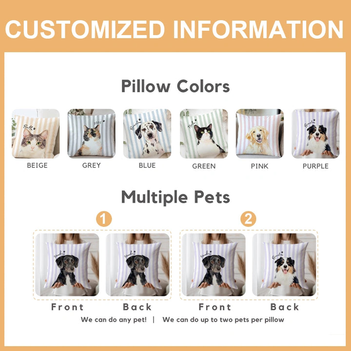 Custom Striped Pet Photo Pillow – Personalized Dog & Cat Cushion with Name