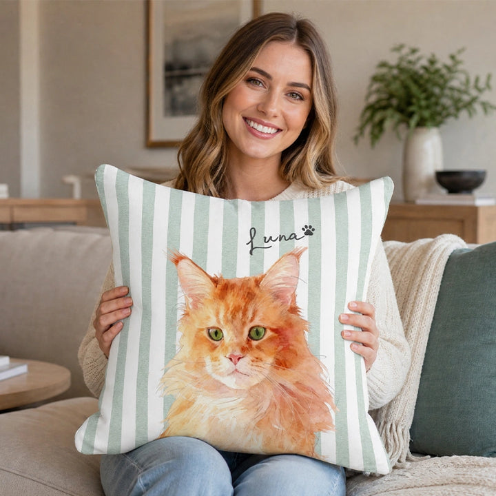 Custom Striped Pet Photo Pillow – Personalized Dog & Cat Cushion with Name