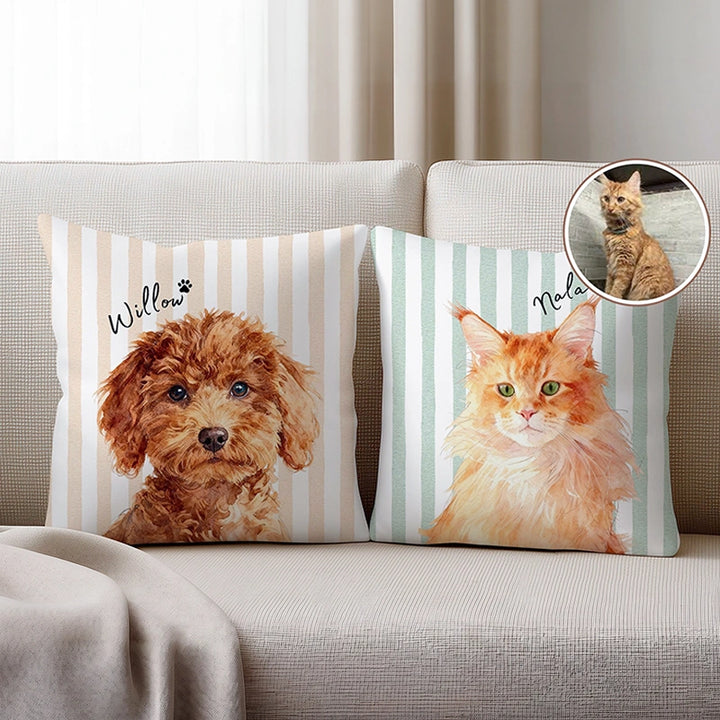 Custom Striped Pet Photo Pillow – Personalized Dog & Cat Cushion with Name
