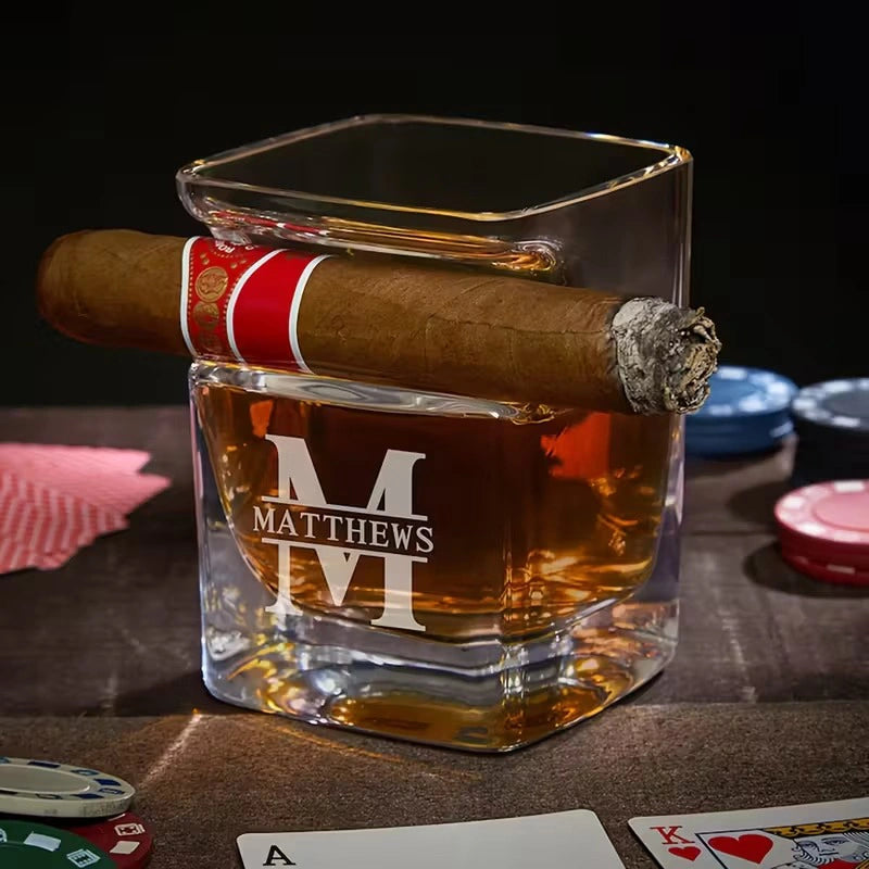 Custom Whiskey Glass with Cigar Holder – Personalized Engraved Rocks Glass for Bourbon & Cigars