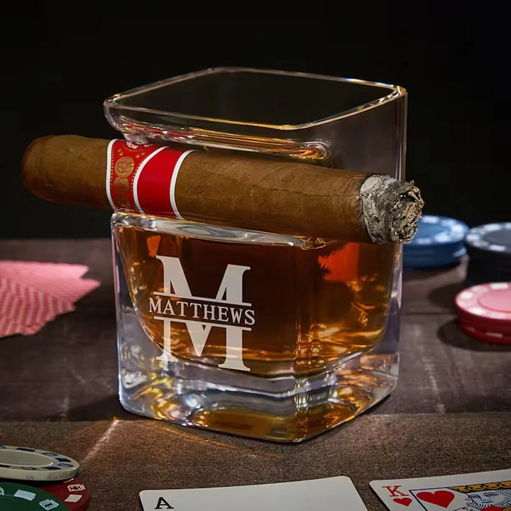 Custom Whiskey Glass with Cigar Holder – Personalized Engraved Rocks Glass for Bourbon & Cigars