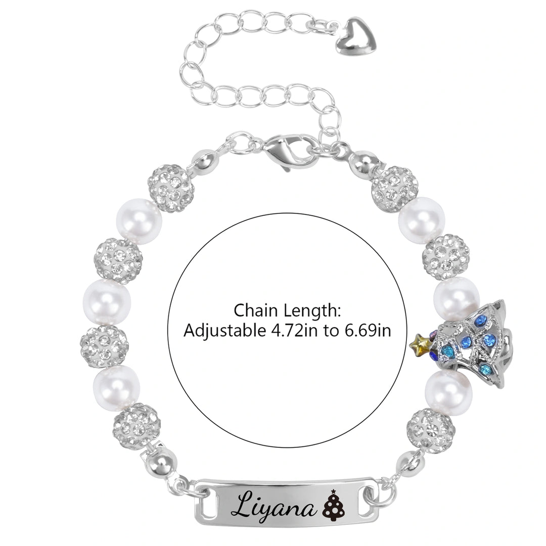 Personalized Christmas Tree Bracelet with Name – Adjustable Pearl & Diamond Holiday Jewelry Gift