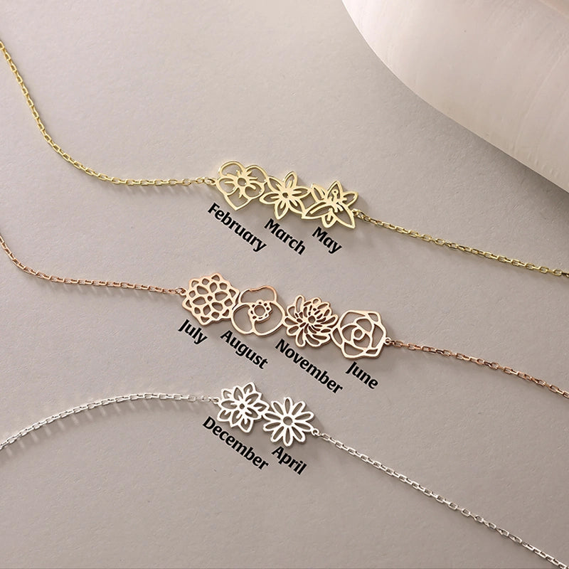 Dainty Birth Flower Bracelet for Mom – Personalized Family Birth Flower Bouquet Bracelet | Mother’s Day Gift for Mom & Grandma