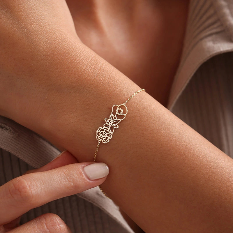 Dainty Birth Flower Bracelet for Mom – Personalized Family Birth Flower Bouquet Bracelet | Mother’s Day Gift for Mom & Grandma