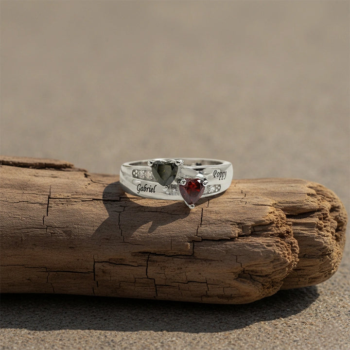 Dual Heart Birthstone Ring for Women – Personalized 2 Names Engraved Sterling Silver Ring, Custom Couple & Family Jewelry Gift