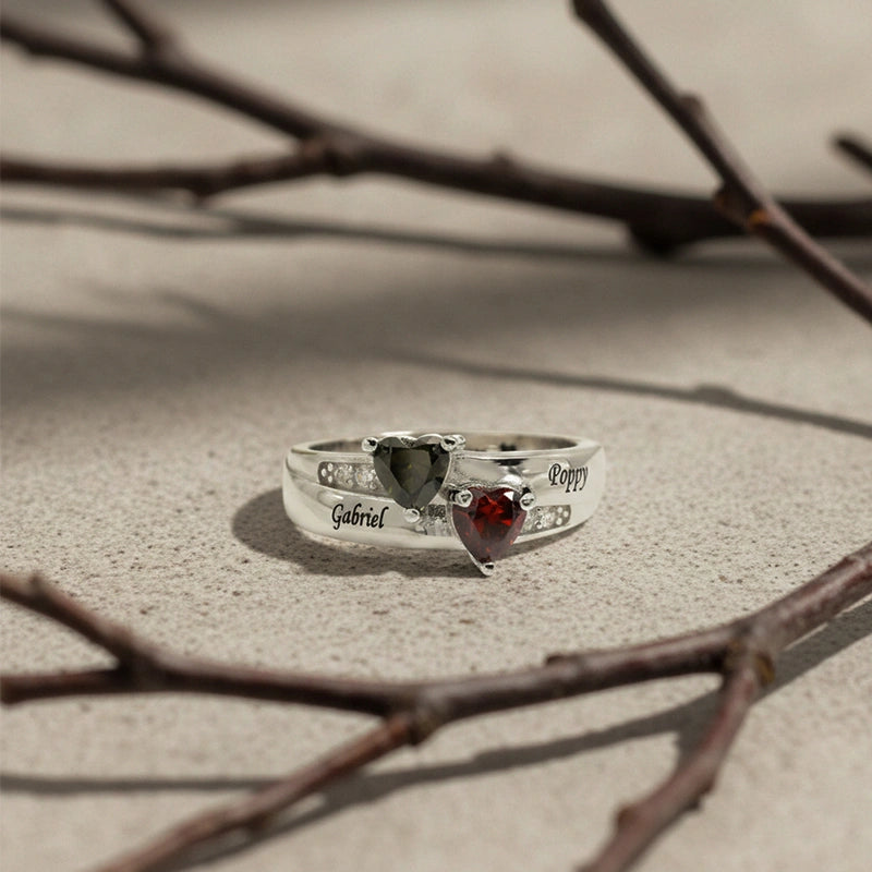 Dual Heart Birthstone Ring for Women – Personalized 2 Names Engraved Sterling Silver Ring, Custom Couple & Family Jewelry Gift