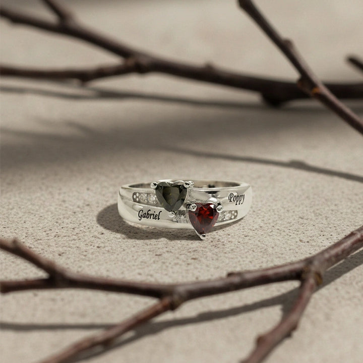 Dual Heart Birthstone Ring for Women – Personalized 2 Names Engraved Sterling Silver Ring, Custom Couple & Family Jewelry Gift