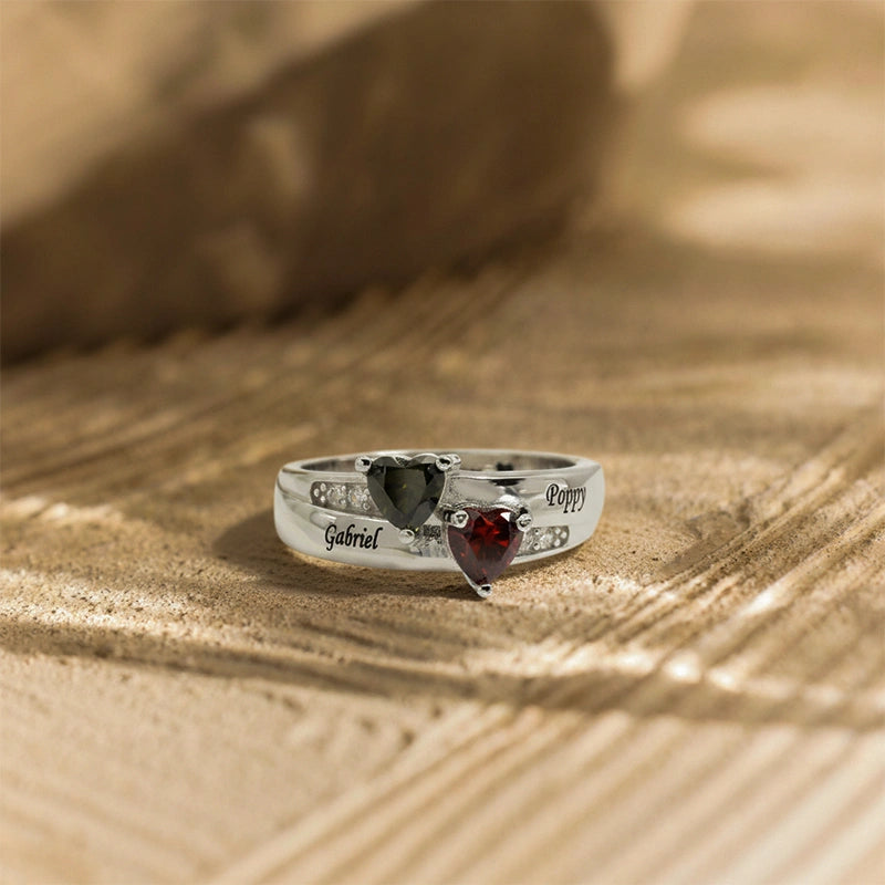 Dual Heart Birthstone Ring for Women – Personalized 2 Names Engraved Sterling Silver Ring, Custom Couple & Family Jewelry Gift