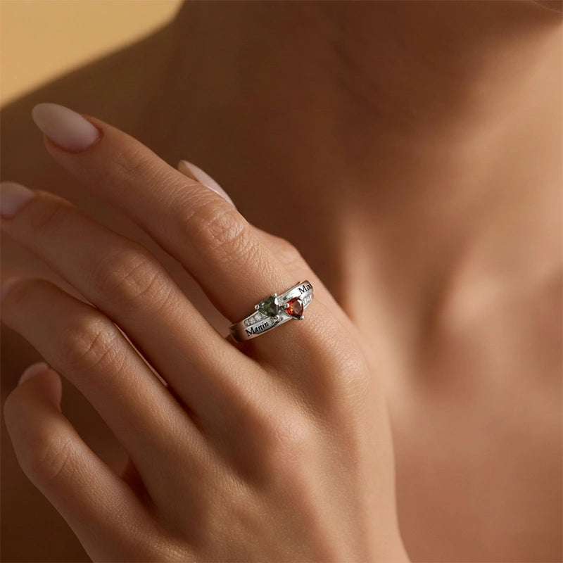 Dual Heart Birthstone Ring for Women – Personalized 2 Names Engraved Sterling Silver Ring, Custom Couple & Family Jewelry Gift