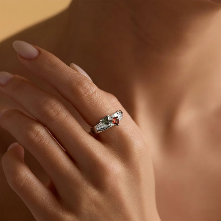 Dual Heart Birthstone Ring for Women – Personalized 2 Names Engraved Sterling Silver Ring, Custom Couple & Family Jewelry Gift