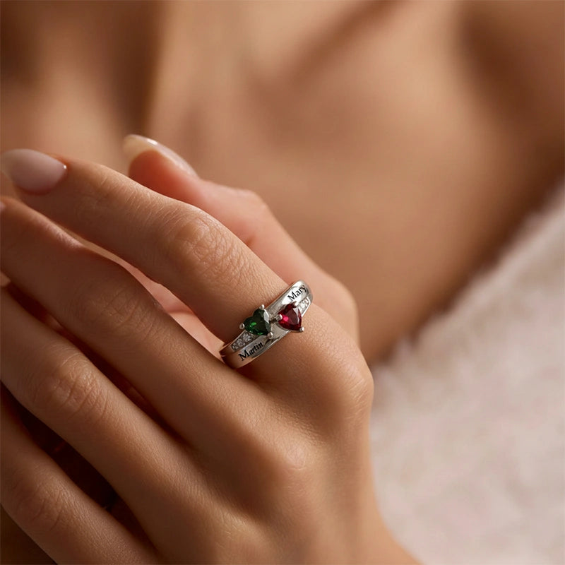 Dual Heart Birthstone Ring for Women – Personalized 2 Names Engraved Sterling Silver Ring, Custom Couple & Family Jewelry Gift