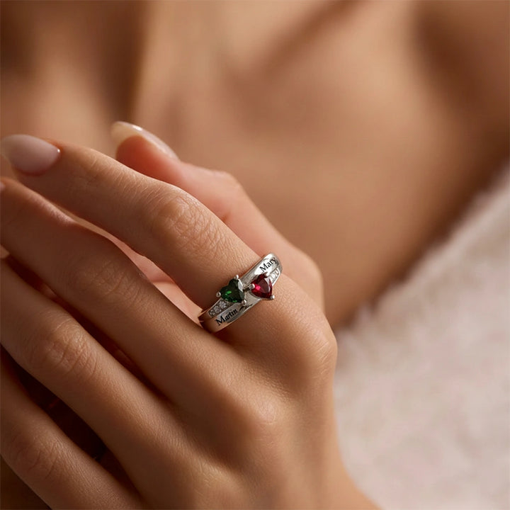 Dual Heart Birthstone Ring for Women – Personalized 2 Names Engraved Sterling Silver Ring, Custom Couple & Family Jewelry Gift