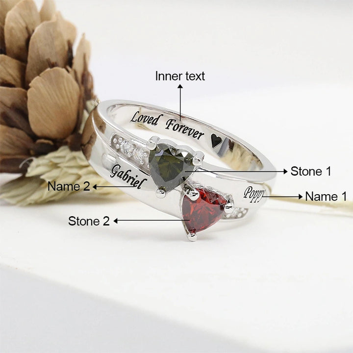 Dual Heart Birthstone Ring for Women – Personalized 2 Names Engraved Sterling Silver Ring, Custom Couple & Family Jewelry Gift