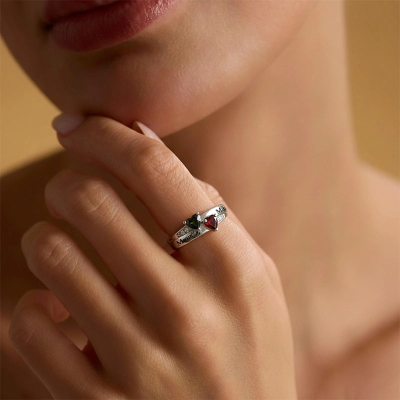 Dual Heart Birthstone Ring for Women – Personalized 2 Names Engraved Sterling Silver Ring, Custom Couple & Family Jewelry Gift