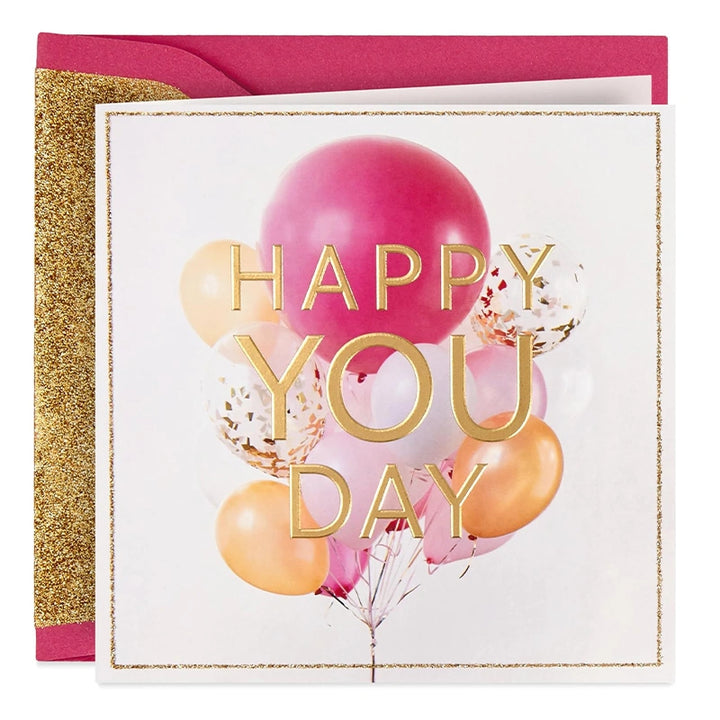 Elegant Happy Birthday Card for Women – Pink & Gold Balloon Greeting Card with Envelope