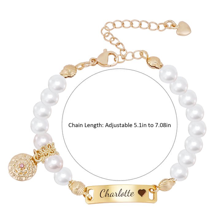 Personalized hand-woven baby name pearl bracelet with birthday flower