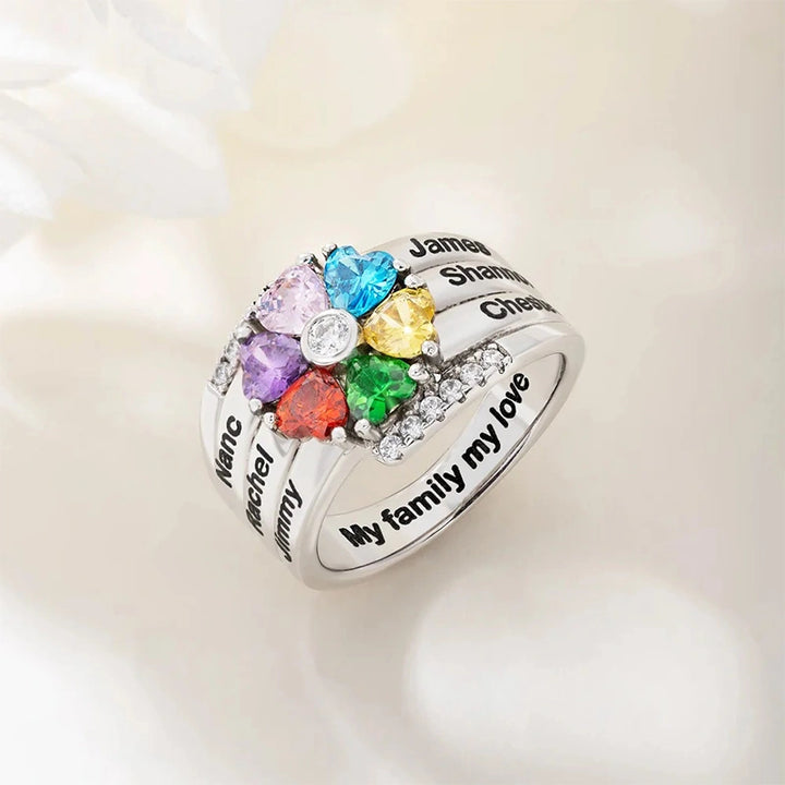 Family Bloom Personalized Birthstone Ring – 1–8 Heart Gemstones with Engraved Names