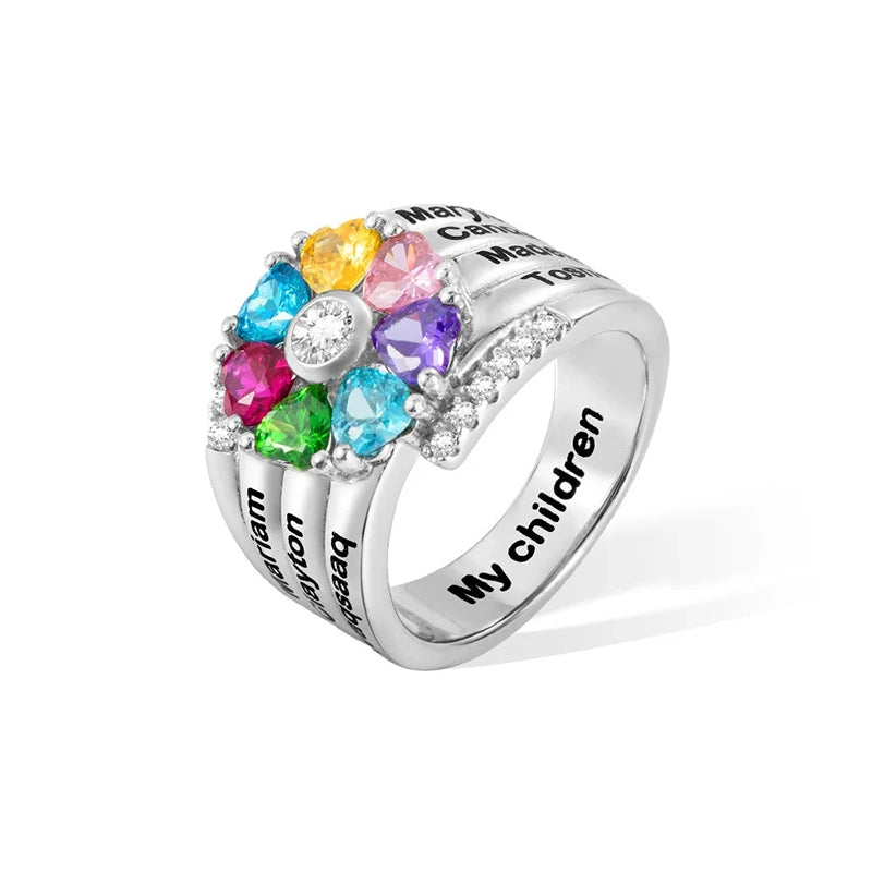 Family Bloom Personalized Birthstone Ring – 1–8 Heart Gemstones with Engraved Names