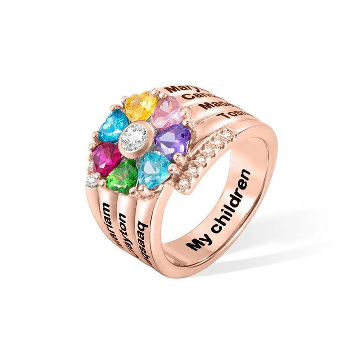 Family Bloom Personalized Birthstone Ring – 1–8 Heart Gemstones with Engraved Names