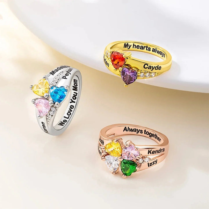 Family Bloom Personalized Birthstone Ring – 1–8 Heart Gemstones with Engraved Names