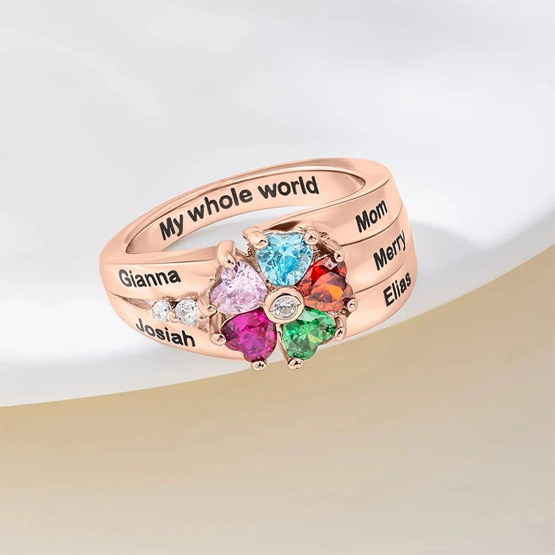Family Bloom Personalized Birthstone Ring – 1–8 Heart Gemstones with Engraved Names