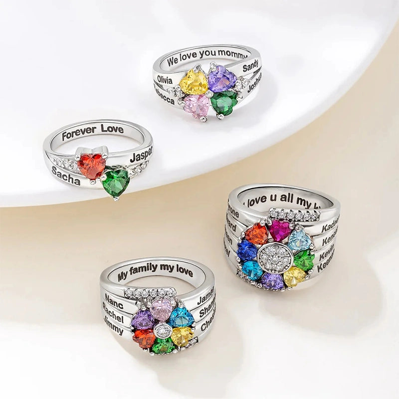 Family Bloom Personalized Birthstone Ring – 1–8 Heart Gemstones with Engraved Names