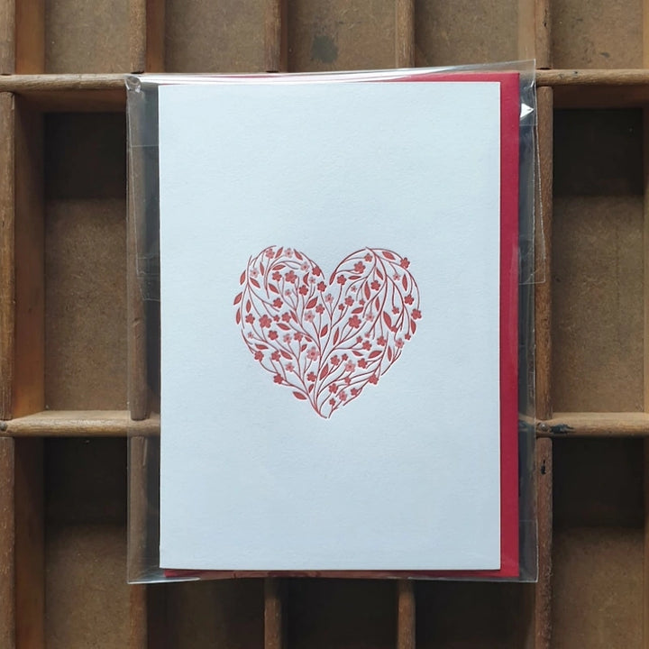 Floral Heart Letterpress Notecard Set – Handmade Valentine Writing Cards with A1 Envelopes (Set of 6)