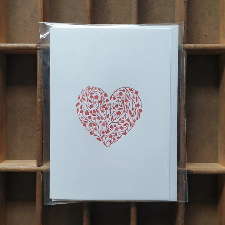 Floral Heart Letterpress Notecard Set – Handmade Valentine Writing Cards with A1 Envelopes (Set of 6)