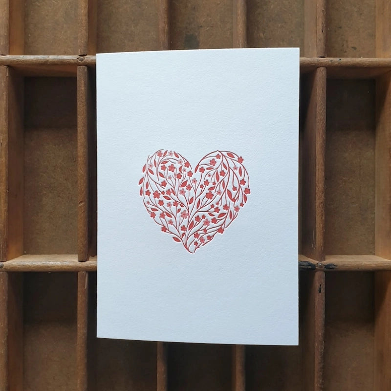 Floral Heart Letterpress Notecard Set – Handmade Valentine Writing Cards with A1 Envelopes (Set of 6)