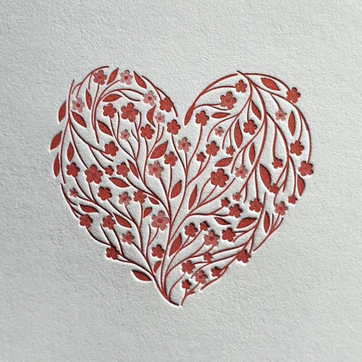 Floral Heart Letterpress Notecard Set – Handmade Valentine Writing Cards with A1 Envelopes (Set of 6)