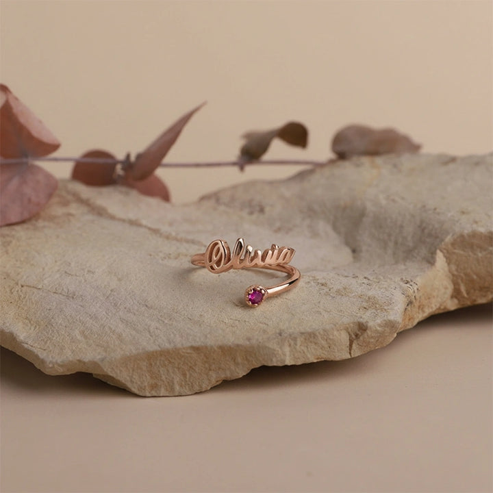 Handmade Personalized Name Ring with Birthstone – Dainty Sterling Silver Adjustable Ring, Custom Name Jewelry Gift for Mom, Best Friend & Her