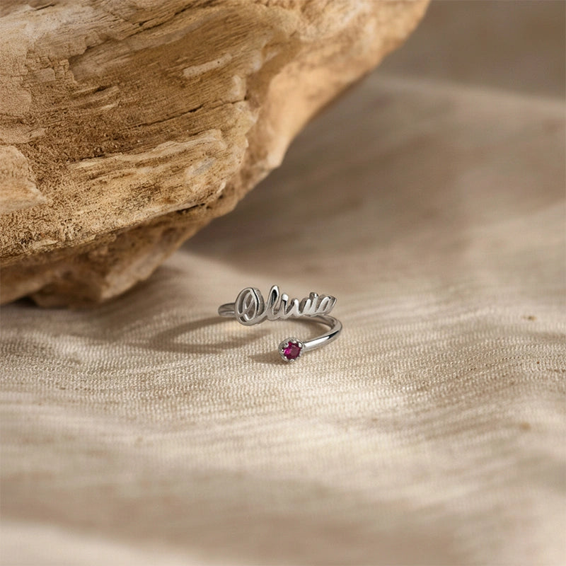 Handmade Personalized Name Ring with Birthstone – Dainty Sterling Silver Adjustable Ring, Custom Name Jewelry Gift for Mom, Best Friend & Her