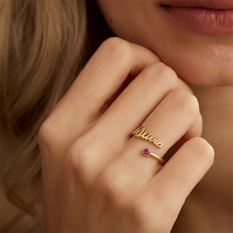 Handmade Personalized Name Ring with Birthstone – Dainty Sterling Silver Adjustable Ring, Custom Name Jewelry Gift for Mom, Best Friend & Her