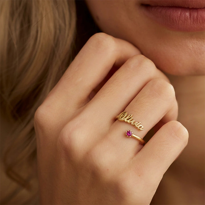 Handmade Personalized Name Ring with Birthstone – Dainty Sterling Silver Adjustable Ring, Custom Name Jewelry Gift for Mom, Best Friend & Her