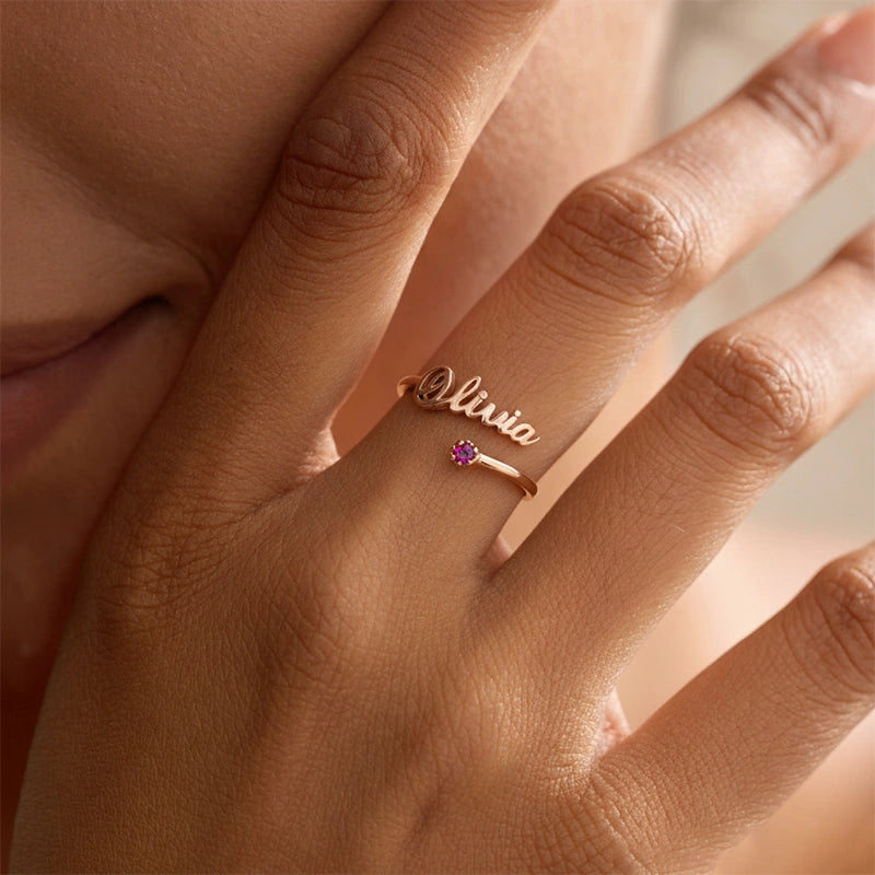 Handmade Personalized Name Ring with Birthstone – Dainty Sterling Silver Adjustable Ring, Custom Name Jewelry Gift for Mom, Best Friend & Her