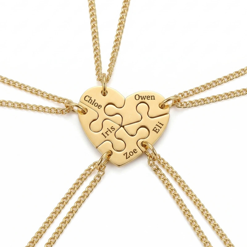 Heart Puzzle Name Necklace with Birthstones (2–5 Names) – Personalized Family & Best Friends Jewelry Set
