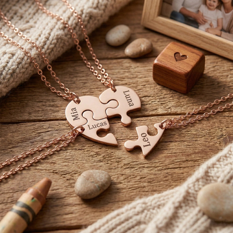 Heart Puzzle Name Necklace with Birthstones (2–5 Names) – Personalized Family & Best Friends Jewelry Set