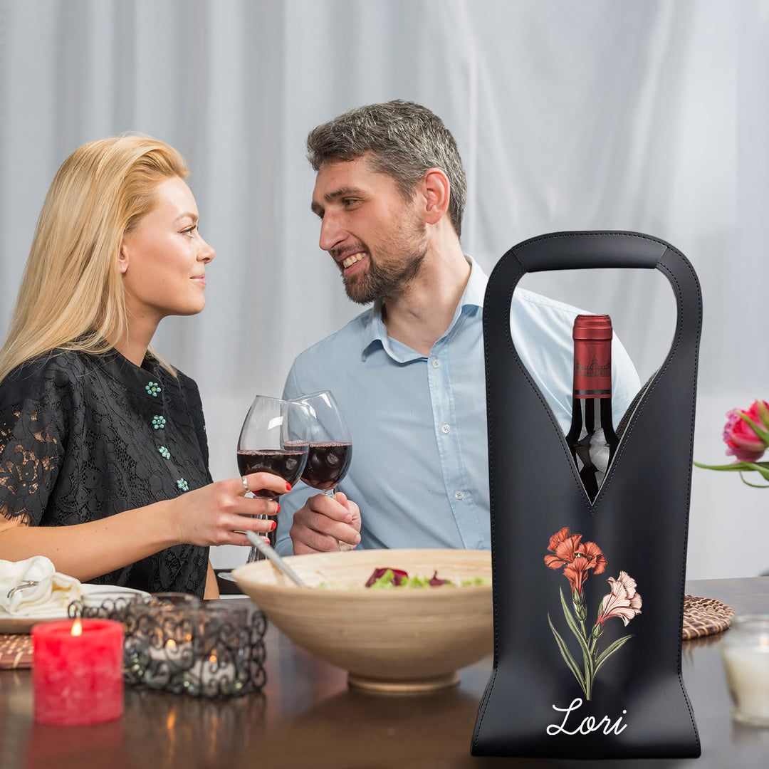 Personalized Birth Flower Leather Wine Bag for Wine Lover