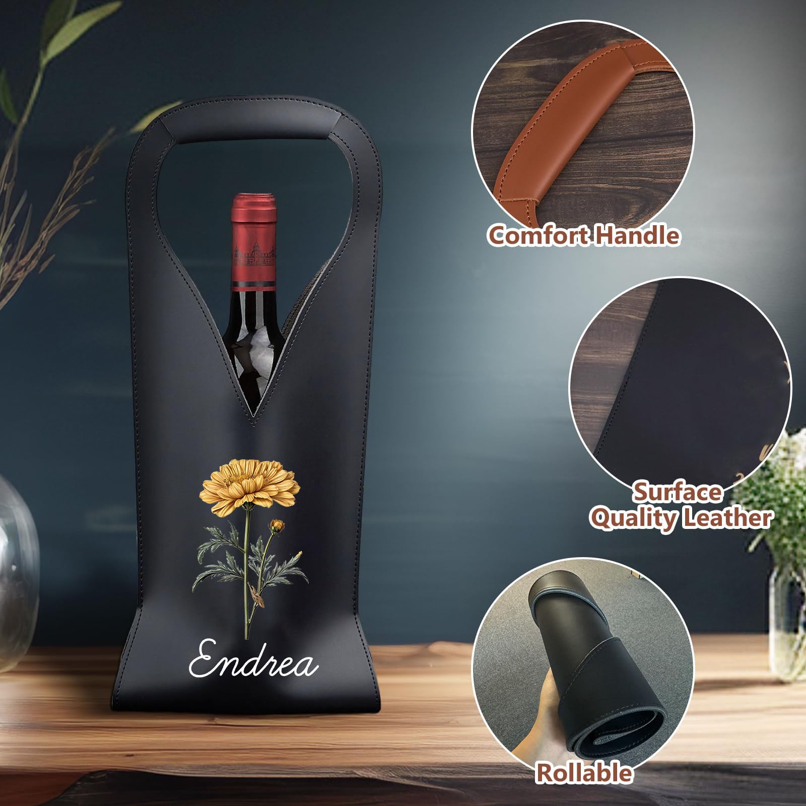 Personalized Birth Flower Leather Wine Bag for Wine Lover