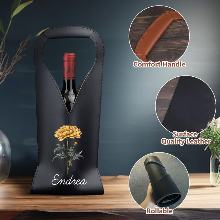 Personalized Birth Flower Leather Wine Bag for Wine Lover