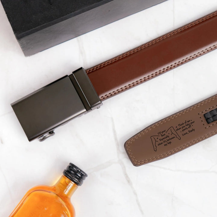 I Love Your Face Especially When It's Between My Legs – Naughty Personalized Leather Belt with Engraved Buckle for Him