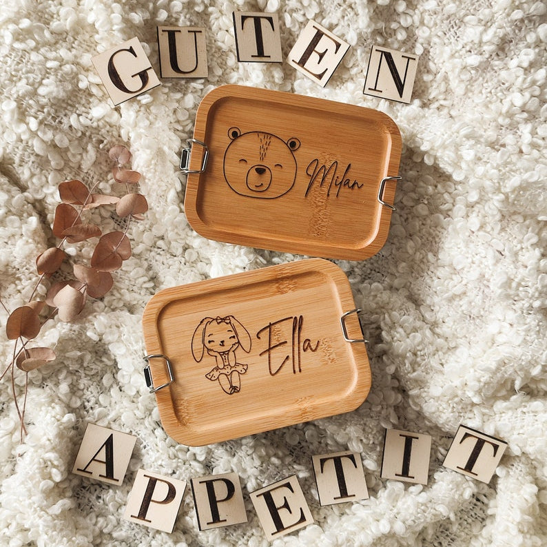 Personalized Stainless Steel Lunch Box with Bamboo Lid for Kids